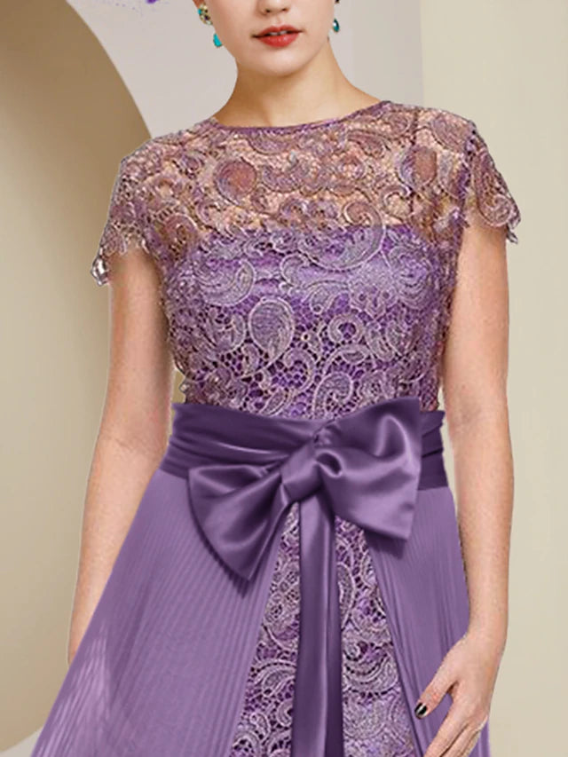 Luolandi Two Piece Sheath / Column Mother of the Bride Dress Formal Wedding Guest Elegant detachable Scoop Neck Knee Length Chiffon Lace Short Sleeve with Bow(s)